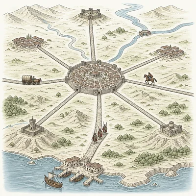 Diagram of an ancient road network connecting a capital city, towns, forts, and ports.