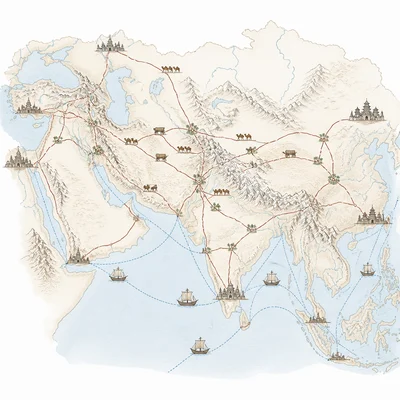 Simplified map of Silk Road caravan and sea trade routes across Eurasia.
