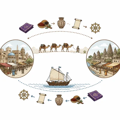 Diagram showing goods and ideas moving between ancient cities along trade routes.