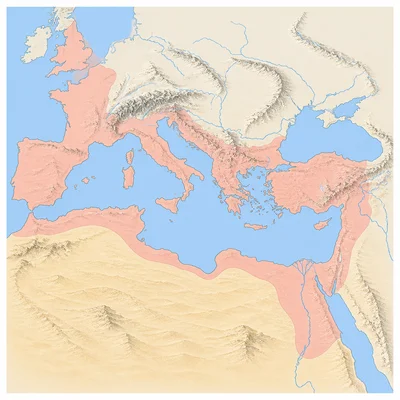 Simplified map showing Roman territory around the Mediterranean with mountains, rivers, and desert barriers.