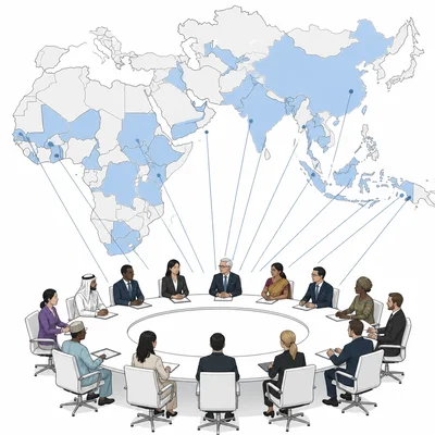 Africa and Asia highlighted with delegates at a conference table, representing the Bandung Conference.