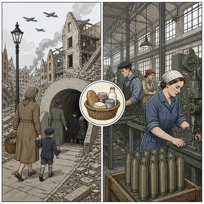 Civilians experiencing bombing, factory work, and rationing during total war.