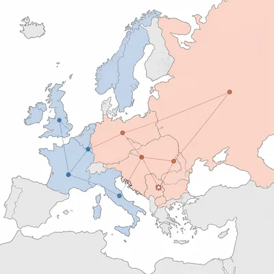 Simplified pre-World War I Europe map showing opposing alliance networks and a conflict spark in the Balkans.