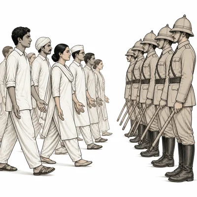 Peaceful protesters facing colonial police, illustrating nonviolent resistance.