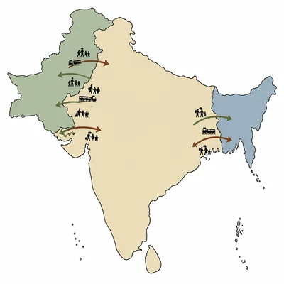 Map of the Indian subcontinent during partition with migration arrows between regions.