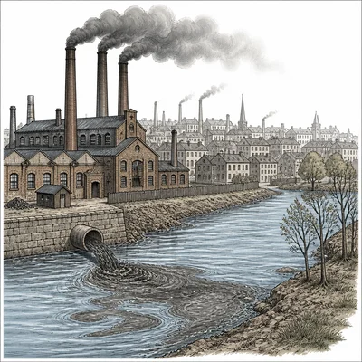 A factory releases smoke and wastewater, showing industrial pollution of air and water.