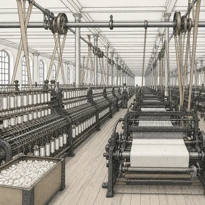 Mechanized spinning and weaving machines operate inside a nineteenth-century cotton textile mill.