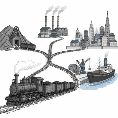 A steam train connects a coal mine, factory, city, and port, showing railroads as an industrial network.