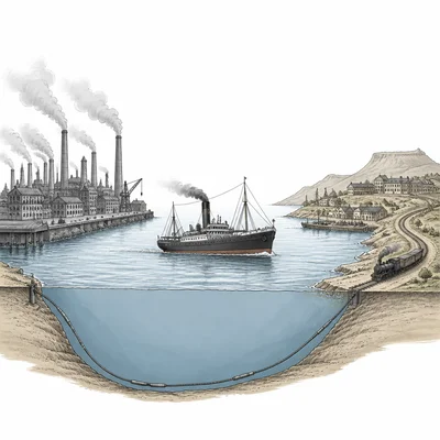 Industrial technology, steamships, telegraph cables, and railways connect Europe to an overseas colony.
