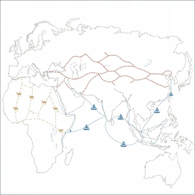 Simplified Afro-Eurasia map showing Silk Roads, Trans-Saharan routes, and Indian Ocean sea routes.