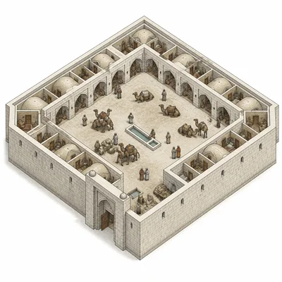 Cutaway diagram of a caravanserai with courtyard, rooms, merchants, camels, and supplies.