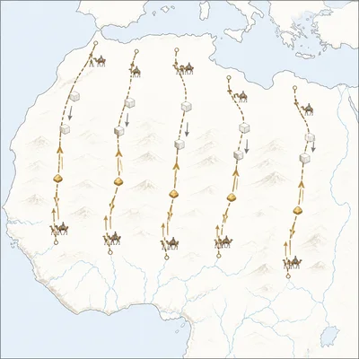 Trans-Saharan trade map showing gold moving north and salt moving south across the desert.