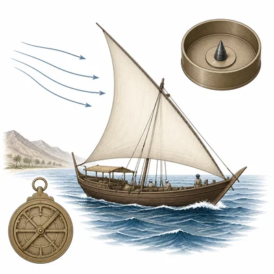 Diagram of Indian Ocean navigation showing a dhow, compass, astrolabe, wind arrows, and waves.