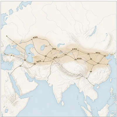 Map of Eurasian overland trade routes crossing a unified Central Asian steppe corridor.