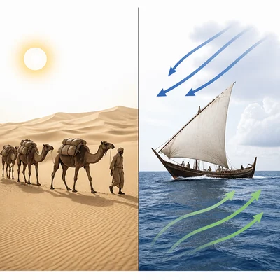 Comparison of camel caravans in desert trade and monsoon winds guiding ships across the ocean.