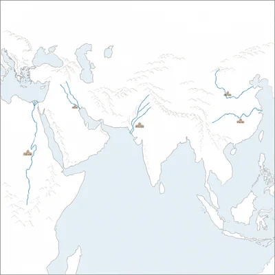 Unlabeled map showing four ancient river valley regions across Africa and Asia.