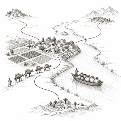 River boats and caravans moving goods between ancient settlements.