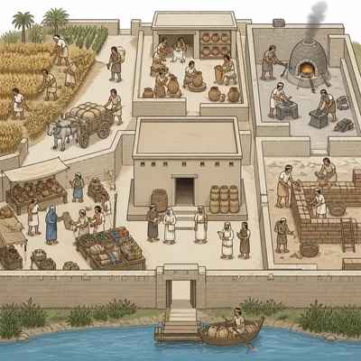 Ancient city scene showing different specialized workers and activities.