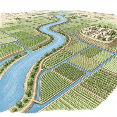 Diagram of a river, irrigation canals, fields, and a permanent settlement.