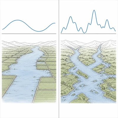 Side-by-side diagram comparing regular and irregular river flooding patterns.