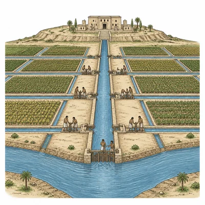 Irrigation canals, workers, fields, and an administrative building showing coordinated water management.