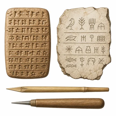 Ancient writing artifacts with stylus, tablet, and pictorial markings.
