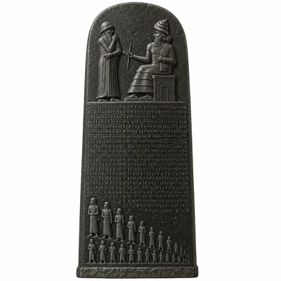 Mesopotamian-style law stele with ruler scene and social hierarchy figures.