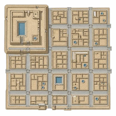 Overhead diagram of an Indus Valley city with grid streets, drains, and brick buildings.
