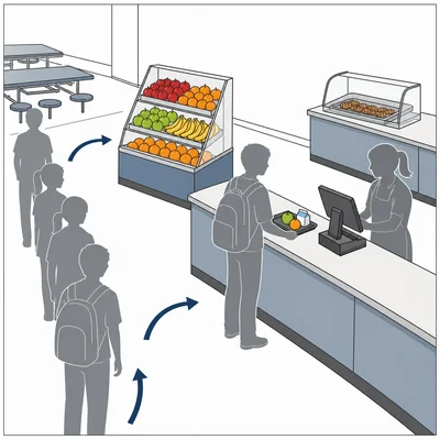 Diagram of a cafeteria checkout with fruit placed prominently and cookies behind the counter.