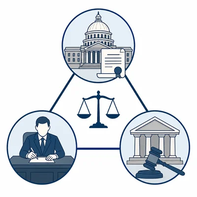Three federal branches represented by lawmaking, executive, and court symbols.