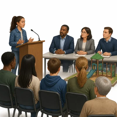 Citizens speaking at a local meeting about playground safety.