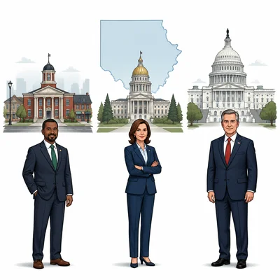 Three executive leaders shown with local, state, and national government buildings.