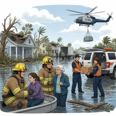 Local, state, and federal responders helping a town after hurricane damage.