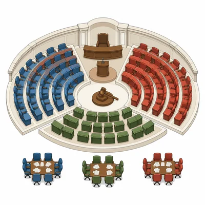 A legislature with seats grouped by party blocs and members working in committees.
