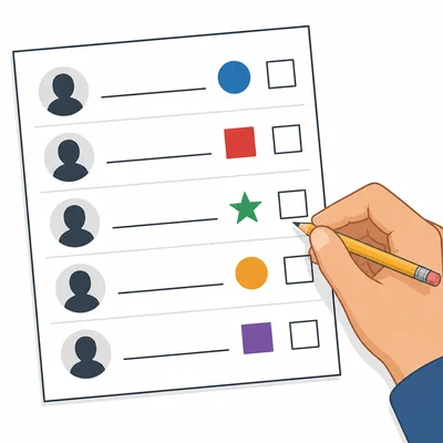 A ballot shows candidates with party symbols next to their names.