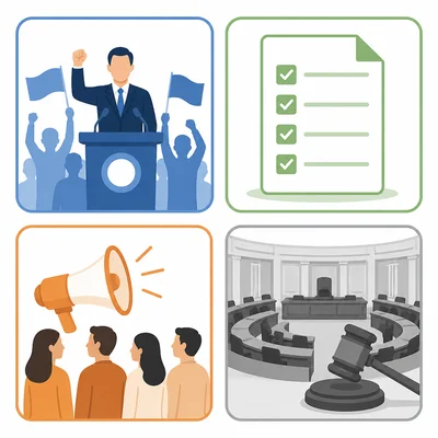 Four icon boxes showing party roles: candidate nomination, platform ideas, voter information, and organizing government.