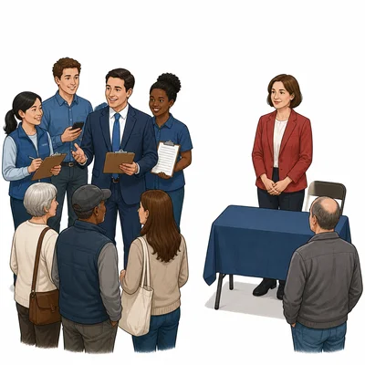 One candidate has volunteers and voter outreach support while another candidate campaigns alone.