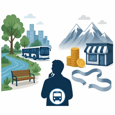 A voter interested in bus service is shown between a parks-and-transit option and a lower-taxes business option.