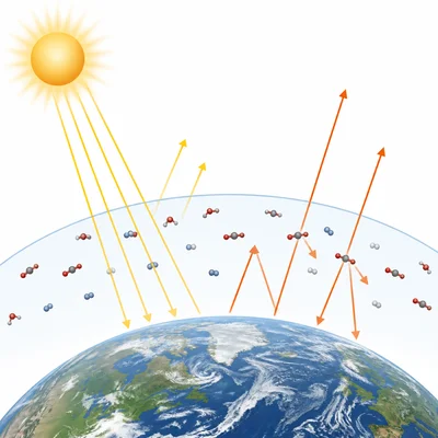 Diagram of sunlight entering Earth's atmosphere and heat being partly trapped by greenhouse gases.