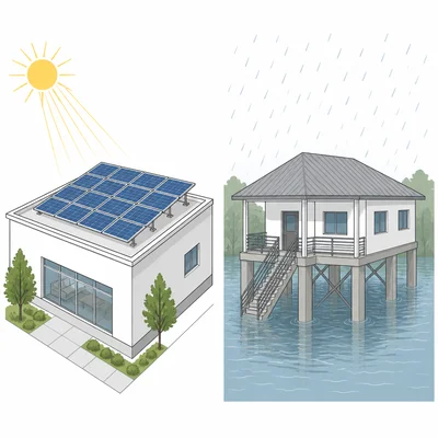 Side-by-side illustration of rooftop solar panels and flood-protected buildings.