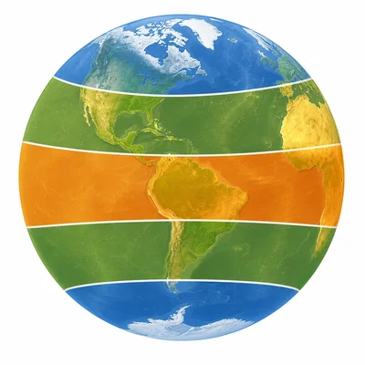 Globe divided into polar, temperate, and tropical climate bands.