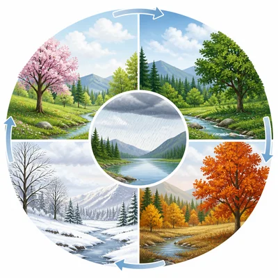 Temperate landscape with four seasons, forests, grasslands, and rainfall.