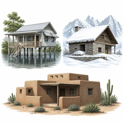 Homes adapted to flooding, snowy mountains, and hot dry climates.