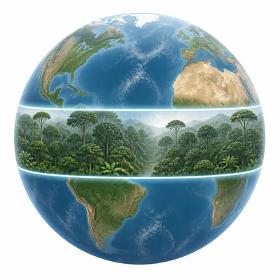 Rainy tropical rainforest with a highlighted central band on a globe.