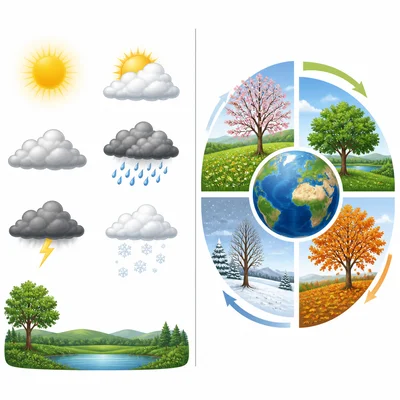 Split diagram comparing daily weather symbols with seasonal climate patterns.