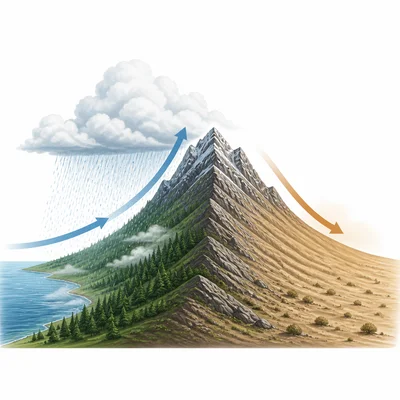 Mountain rain shadow diagram showing wet and dry sides of a mountain range.