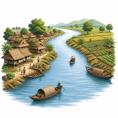 Community, farms, and boats located along a river.