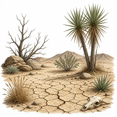 Dry desert landscape with sparse plants and cracked ground.