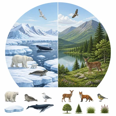Comparison of a snowy polar region and a greener temperate region.