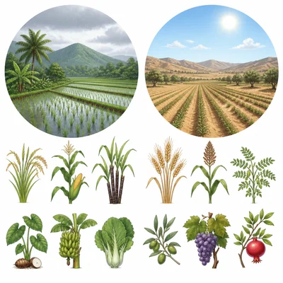 Different crops growing in wet and dry climate farm settings.